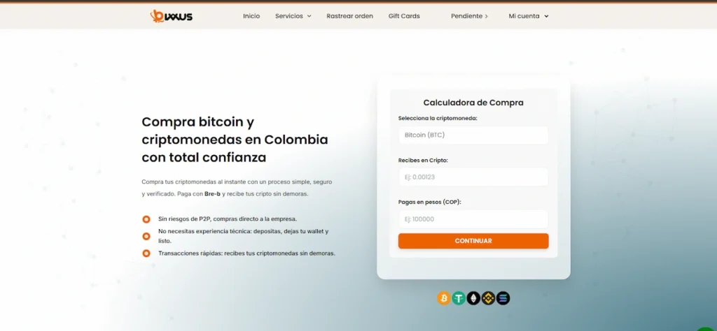 Interfaz de compra de bitcoin con bre-b en bixxus