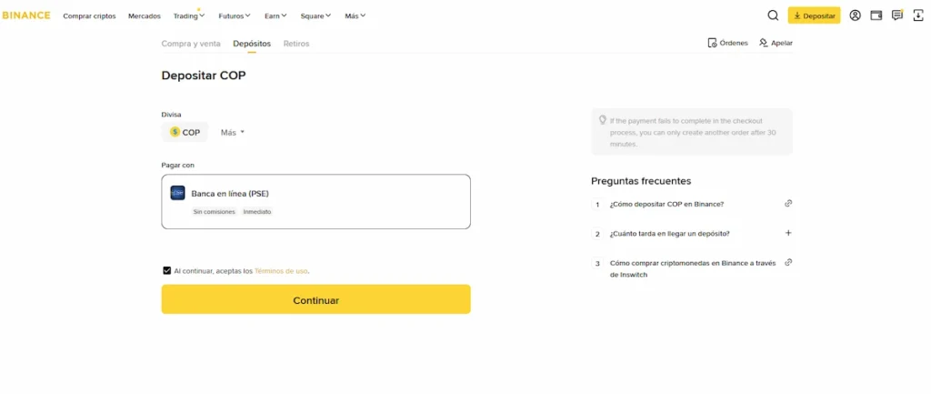 Interfaz de Binance con opción Bre-B deshabilitada